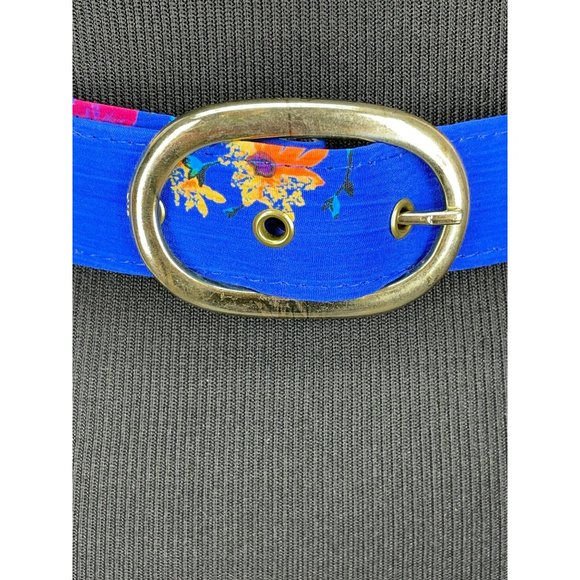 Blue Floral Print Oval Silver Buckle Style Women’s Belt‎ Art Deco Oriental - Picture 3 of 9